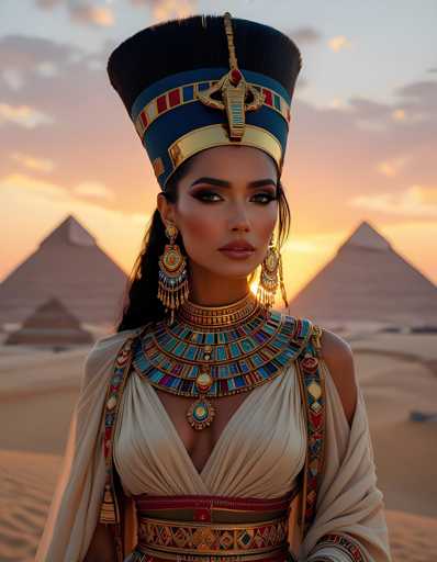 A woman is standing in front of two ancient Egyptian pyramids during sunset. She is wearing a beige dress with gold accents and a blue headdress adorned with red jewels. The woman's hair is styled in an elegant updo, and she is wearing earrings that complement her attire.