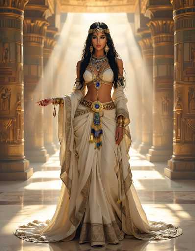 The image depicts a highly detailed, computer-generated scene of a woman standing in an opulent Egyptian-style hall. The hall features numerous gold columns adorned with intricate carvings, and sunlight streams through an open doorway, casting a warm glow on the marble floor. The woman, who appears to be of Egyptian descent, is dressed in a cream-colored, flowing gown with gold trim and a matching skirt. She wears an elaborate gold headband with a blue jewel at the center, complementing her long, dark hair. Her attire includes a white bra-like top with gold accents, a thick gold belt with a blue jewel, and a long, flowing cape. She is adorned with numerous pieces of jewelry, including large gold earrings, a heavy necklace with blue jewels, and bracelets on both wrists. The woman's pose is regal, with one hand extended to the side and the other resting on her hip, as she gazes directly at the camera. The overall scene exudes a sense of ancient Egyptian grandeur and splendor.