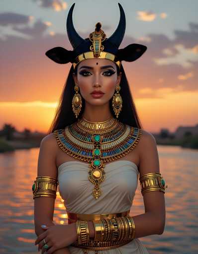 The image shows a woman dressed in ancient Egyptian fashion standing on a riverbank at sunset. She is wearing a crown made of horns and a necklace with blue and green stones. The woman's hair is styled in an updo, and she has her arms crossed over her chest.