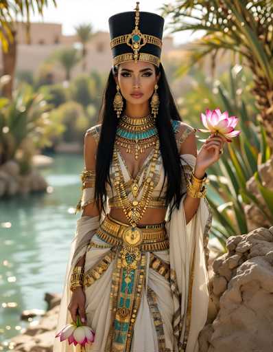The image depicts a woman dressed in an elaborate Egyptian-style outfit, standing on a rocky shoreline beside a body of water. She is adorned with a black hat featuring gold trim and a central jewel, and her long black hair cascades down her shoulders. Her attire includes a white dress with gold and blue accents, a gold belt, and a gold necklace. She holds two pink flowers in her hands, one in each hand. The background is blurred, revealing a distant cityscape with buildings and palm trees, enhancing the ancient Egyptian ambiance of the scene.