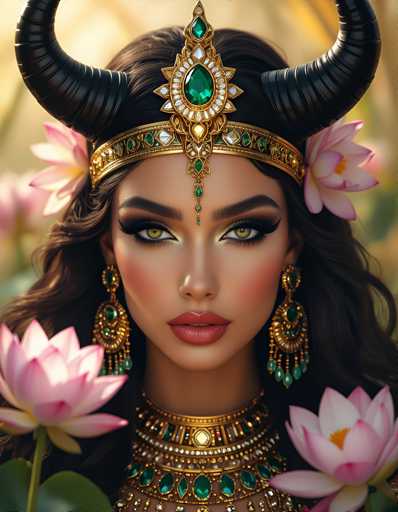 The image depicts a woman with long dark hair wearing a crown made of black horns and adorned with green jewels. She is also wearing a gold necklace and earrings that match the color scheme of her crown. The background features pink flowers, adding to the overall aesthetic of the scene.