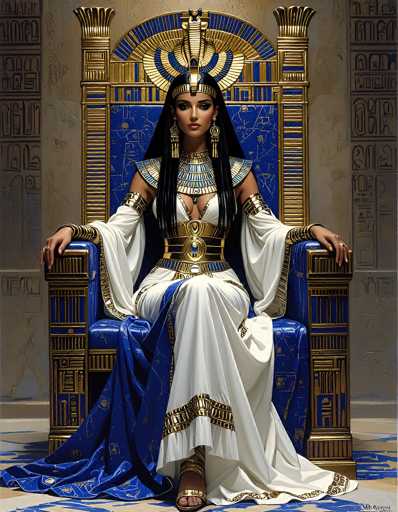 This image portrays a regal figure, possibly an Egyptian queen, seated on an ornate throne. The throne itself is a masterpiece of gold and blue, adorned with intricate hieroglyphics and symbols. The queen is dressed in a striking white gown with long, flowing sleeves that extend to the floor. Her attire is accentuated by a golden belt and a matching golden collar, both embellished with hieroglyphics. 

Her long, black hair cascades down her shoulders, framing her face, which is highlighted by heavy eye makeup and long, dangling earrings. Atop her head rests an elaborate crown, also golden and blue, featuring a prominent blue feather. The queen's posture is dignified, with her hands resting on the arms of the throne, and she gazes directly at the viewer with a composed expression. 

The background is a muted gray, allowing the vibrant colors of her attire and the throne to stand out. The floor beneath her is a blend of blue and white, further enhancing the regal atmosphere of the scene.