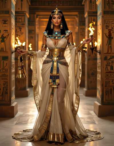 A woman dressed in an ancient Egyptian costume stands in front of a temple entrance, holding two torches and wearing a gold and blue dress with intricate beading.