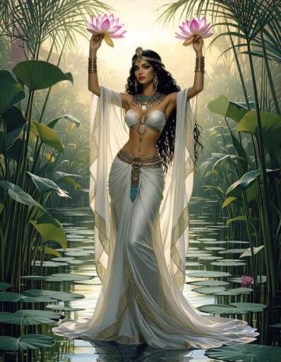 The image depicts a strikingly beautiful woman standing in a serene, lily pad-filled pond, surrounded by lush greenery and palm trees. She is adorned in a flowing, white dress with intricate gold trim, which drapes elegantly around her and pools on the ground around her feet. Her attire includes a gold belt with a prominent buckle, a blue necklace with a circular pendant, and a headband featuring a gold jewel. She has long, flowing black hair and is wearing large gold earrings. Her arms are raised, holding two pinkish-purple flowers, one in each hand. The scene is bathed in sunlight, creating a bright and ethereal atmosphere. The woman's pose and attire suggest she might be a Hindu goddess, possibly representing the river goddess Ganga, given her divine appearance and the natural setting.