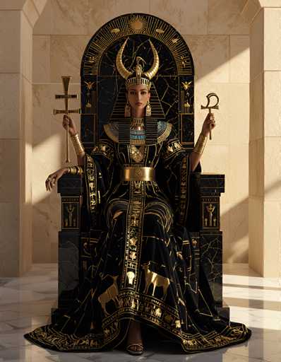 The image depicts a regal figure, possibly an Egyptian goddess or a pharaoh's wife, seated on an ornate throne. She is adorned in a striking black robe embellished with intricate gold designs, including hieroglyphics, animal motifs, and human figures. The robe features a prominent gold belt and a gold band around her neck, which is decorated with blue accents. Her headdress is elaborate, with a gold crown that has two upward-curving horns and a small gold bird perched atop it. She wears large, dangling gold earrings and has gold bracelets on both wrists. In her right hand, she holds a golden staff, while her left hand grasps a golden ankh. The throne she sits on is black with gold designs, and the background consists of a light tan marble wall and floor, adding to the grandeur of the scene.