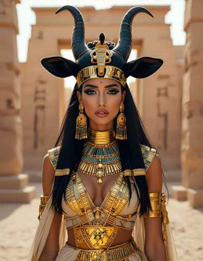 In this captivating image, a woman stands poised in front of an ancient Egyptian temple, exuding an aura of timeless elegance. She is adorned in a stunning ensemble that features a gold and white bra top, intricately designed with gold straps that crisscross over her chest. Her attire is complemented by a matching gold and white skirt, which is embellished with a striking gold belt at the waist. 

Her long, flowing black hair cascades down her back, framing her face which is accentuated by bold black eyeliner and a touch of pink lipstick. She wears a grand, ornate headdress that is black with gold accents, adorned with two prominent horns and two large black ears, giving her an almost mythical appearance. 

The headdress is further embellished with a gold band that sits just above her forehead, adding to her regal presence. Large, dangling gold earrings with tassels dangle from her ears, completing her opulent look. 

Behind her, the backdrop features the weathered tan stone walls of an ancient Egyptian temple, with a clear blue sky visible above, adding a serene and timeless quality to the scene.