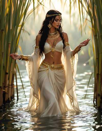 The image depicts a woman standing in shallow water, surrounded by tall bamboo stalks on both sides. She is adorned in a striking white dress with intricate gold embellishments, including a gold belt, a gold-embellished skirt, and a sheer white shawl with gold trim. Her attire also features a white bra-like top and a gold headband with a jewel hanging in front of her forehead. She wears large, ornate gold earrings and multiple gold bracelets on her arms. The woman's long, dark hair cascades down her shoulders, and she has a serious expression as she looks down at the water. The background is blurred, with sunlight filtering through the bamboo, creating a serene and ethereal atmosphere.