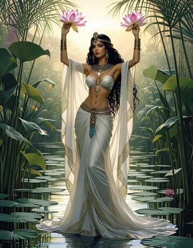 A woman with long dark hair is depicted as a goddess or goddess-like figure standing on the edge of a pond surrounded by lush green foliage and water lilies. She is wearing a white dress that flows down to her feet, and she holds two pink flowers in each hand. The background features an array of plants and trees, creating a serene and tranquil atmosphere.
