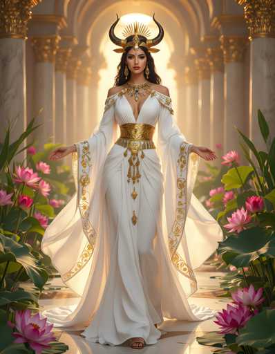 A woman is seen walking through a garden with white flowers and green plants. She is wearing a white dress adorned with gold accents and a crown on her head. The background features columns and arches, adding to the grandeur of the scene.