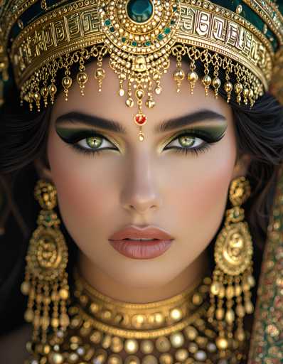 The image shows a close-up view of a woman's face and upper body wearing an ornate gold headpiece with a green gemstone at the top. The woman is also wearing large earrings that are gold in color.