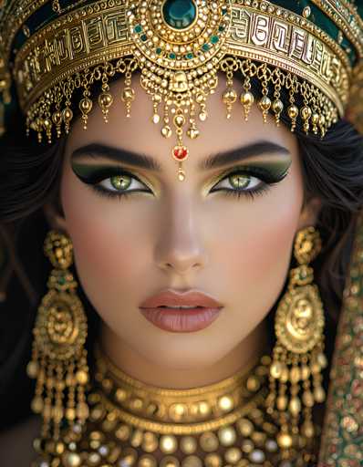 This image features a close-up of a woman's face adorned with elaborate, ornate jewelry. She has striking green eyes and dark, possibly black hair, though it's difficult to discern due to the image's focus on her face. Her makeup is bold, with dark eyebrows and heavy eye makeup that accentuates her eyes. 

Her lips are painted a soft pink, and she wears a gold necklace with intricate designs. The necklace appears to have a central piece that extends down to her forehead, resembling a jewel or gemstone. This ornate piece is part of a larger, grandiose crown that sits atop her head. The crown is predominantly gold, embellished with various jewels, including a prominent green one at the center. 

The crown's design is elaborate, with multiple layers and intricate patterns. It features a mix of gold and green elements, with the green parts possibly being emeralds or other precious stones. The overall effect is one of regal elegance and opulence, suggesting that the woman might be a queen or someone of similar high status.