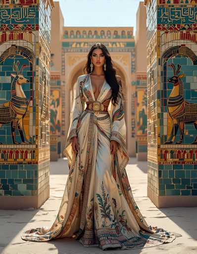 A captivating photograph features a woman standing in front of an ornate, ancient-style building adorned with intricate mosaic tiles. The structure, reminiscent of a castle, boasts a grand archway with a smaller archway within it, both framed by elaborate mosaic work. The tiles are a mesmerizing blend of turquoise, gold, red, and white, depicting various animals and figures. On either side of the woman, two tall, rectangular columns stand, each topped with a mosaic archway and adorned with a majestic animal figure. The animal on the left has a long neck, while the one on the right resembles a deer with elongated ears. The woman, with her long, dark brown hair cascading over her left shoulder, gazes directly at the camera. She is dressed in a stunning, low-cut gown that reveals her cleavage and extends to her ankles. The dress is predominantly white, embellished with intricate floral patterns in turquoise, red, and gold, and features a prominent gold belt around her waist. The overall scene exudes a sense of timeless elegance and historical grandeur.