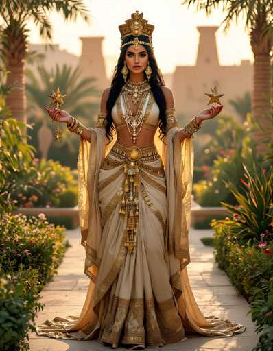 The image depicts a woman dressed in elaborate Egyptian attire, standing on a stone pathway lined with lush greenery and palm trees. She is adorned in a beige and gold dress with intricate gold trim, featuring a midriff-baring top and a flowing skirt that extends to the ground. Her outfit is complemented by a large, ornate gold belt with a prominent circular buckle, from which tassels and beads hang. She wears a golden shawl draped over her arms and a grand, ornate crown with a jewel hanging between her eyes. Her long, dark hair cascades down her back, and she is adorned with numerous gold bangles, bracelets, and necklaces. In each hand, she holds a golden star with a dangling ornament. The background reveals a blurred view of Egyptian-style architecture, including pyramids and buildings with cylindrical towers, bathed in the warm hues of a setting sun.