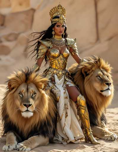 In this captivating image, a woman is depicted in elaborate, gold armor that evokes the grandeur of ancient Egyptian times. She stands confidently, her right leg extended forward, adorned with a flowing white skirt that contrasts beautifully with her golden armor. Her left hand rests gently on the mane of a majestic lion positioned to her left, while her right hand is placed on the mane of another lion to her right. Both lions are seated, their powerful presence adding to the scene's regal atmosphere.

The woman's attire is a stunning ensemble of gold armor, meticulously crafted to cover her chest and shoulders. Her head is crowned with an ornate gold headdress, featuring a prominent jewel that descends between her eyes, enhancing her majestic appearance. Her long, flowing black hair cascades down her back, framing her face and adding to the overall elegance of her look.

The background is a soft, blurred expanse of tan, which could be interpreted as either a sandy terrain or a distant cityscape, lending an air of mystery and timelessness to the scene. The focus remains sharply on the woman and the lions, highlighting their striking details and the intricate design of her armor.