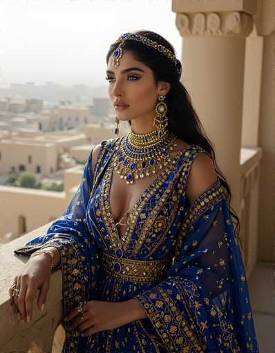 The image depicts a young woman, possibly of Middle Eastern or Indian descent, standing on a balcony of a tall building. She is adorned in an elaborate, traditional blue dress with intricate gold embroidery and sheer sleeves. Her attire is complemented by a matching blue and gold headpiece, which features a prominent jewel hanging over her forehead. She wears large, ornate earrings and a multi-layered necklace with blue jewels, adding to her regal appearance. Her long, dark hair cascades down her back, and she has a serious expression as she gazes off to the left. The background reveals a cityscape with numerous tan buildings, under a hazy, gray sky. The overall scene suggests a blend of cultural richness and architectural elegance.