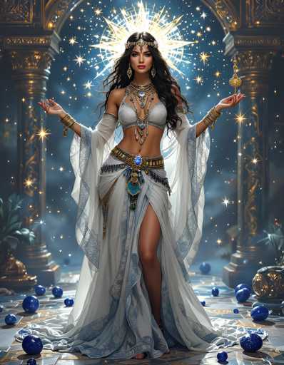 The image depicts a highly detailed, computer-generated or AI-generated scene of a woman standing in a fantastical setting. She is adorned in a white and blue dress with a matching cape, and her attire includes a bra-like top and a skirt that reveals her legs. Her long, dark hair cascades down her back, and she wears a golden crown with a jewel on her forehead. The woman's hands are outstretched, and she holds a scepter in her left hand. She is heavily adorned with jewelry, including necklaces and bracelets, and a prominent blue jewel hangs from her belt. The background features a starry sky with a large, radiant star behind her head, resembling a halo. She stands on a floor scattered with blue orbs and is flanked by two golden columns. The overall scene exudes a mystical, almost Egyptian vibe, enhanced by the intricate details and the ethereal quality of the image.
