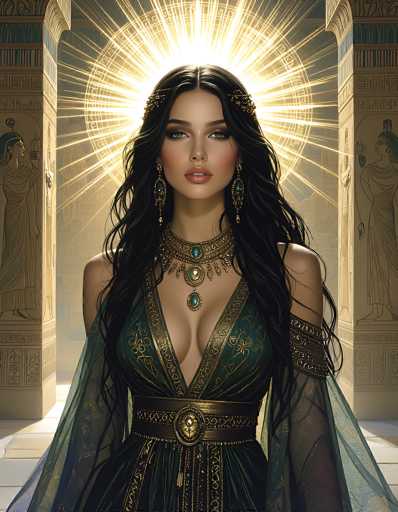The image portrays a strikingly beautiful woman with long, wavy black hair cascading past her shoulders. She is adorned in a sumptuous green dress embellished with intricate gold designs, featuring a low-cut neckline that reveals a hint of cleavage. The dress is cinched at the waist with a gold belt, accentuating her elegant figure. She wears a matching sheer green shawl that drapes gracefully over her arms. Her accessories include a large, ornate gold necklace with three turquoise gemstones, and dangling turquoise earrings that complement her attire. Her makeup is meticulously applied, with pink blush highlighting her cheeks and pink lipstick enhancing her full lips. A radiant halo of light surrounds her head, adding a mystical aura to her presence. She stands in an opulent room with tall, beige walls adorned with hieroglyphics and statues of ancient Egyptian figures, suggesting a setting reminiscent of an Egyptian palace. The overall scene exudes an aura of regality and timeless beauty.