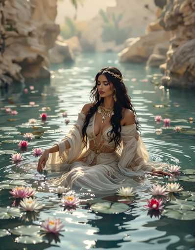In this captivating image, a woman with long, dark hair adorned with a delicate gold headband sits gracefully in a serene, lily pad-filled river. She is dressed in an elegant, low-cut white gown that reveals a hint of her midriff, complemented by a gold belt and a matching gold necklace. Her ensemble is completed with long, dangling gold earrings that catch the light. The woman's eyes are closed, and her head is tilted slightly downward, giving her a serene and contemplative appearance. Her right arm rests gently on the water, while her left arm is positioned behind her. The river around her is dotted with numerous lily pads, some adorned with vibrant pink and white flowers, adding a touch of natural beauty to the scene. The background features a rocky shoreline with a few trees, enhancing the tranquil and picturesque setting.