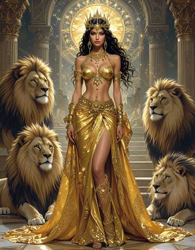 The image depicts a highly detailed, computer-generated scene of a regal woman standing in a grand, ornate hall. She is adorned in an elaborate gold outfit, featuring a golden bra-like top, a flowing skirt with a high slit, and matching golden boots. Her ensemble is complemented by a golden belt, armbands, and a crown, all shimmering with intricate designs. The woman has long, wavy black hair cascading down her back and wears a golden necklace and earrings. Behind her, a radiant golden sun or halo adds to her majestic appearance.

Flanking her on both sides are three lions, two positioned at her hip level and one higher up, all gazing intently to the right. The hall itself is grand, with golden pillars and a staircase leading up to a platform adorned with statues. The floor is tiled in a pattern of white and gold, enhancing the opulent atmosphere. The overall scene exudes a sense of power and elegance, reminiscent of a figure like Cleopatra.
