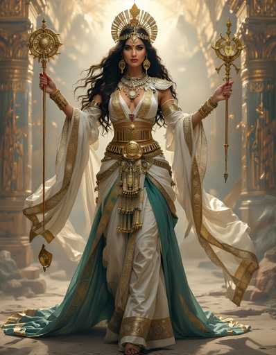 The image depicts a highly detailed, computer-generated portrayal of a woman who appears to be an ancient Egyptian goddess. She stands in a majestic pose, adorned in an elaborate white and gold dress with intricate turquoise accents. Her attire features a gold belt and a matching gold sash, complemented by a large, ornate necklace and a golden collar. She wears a grand headdress with a fan-like structure and a prominent jewel hanging from her forehead, enhancing her divine appearance.

Her long, wavy black hair cascades down to her chest, and she has striking red lipstick that contrasts with her fair skin. She holds two golden scepters, each topped with a sun-like symbol, and her fingernails are painted red. The background is a blurred mix of golden hues and sunlight, with large, ornate golden pillars flanking her on either side. The ground beneath her is a sandy color, adding to the ancient and mystical atmosphere of the scene.