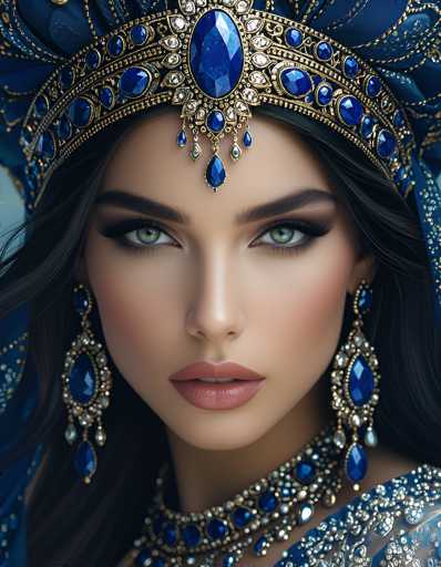 This image features a stunning, AI-generated portrait of a woman with fair skin and striking green eyes. She has long, dark brown hair that cascades down to her chest, framing her face elegantly. Her makeup is meticulously applied, highlighting her features with a soft pink lipstick and a touch of blush on her cheeks.

The woman is adorned with an exquisite blue and gold crown, which sits regally atop her head. The crown is embellished with a large, oval-shaped blue gemstone at its center, surrounded by smaller blue stones and intricate gold detailing. A delicate chain of blue and white gems hangs from the middle of the crown, adding to its grandeur.

Her earrings are equally captivating, featuring long blue stones that dangle gracefully from her ears, each surrounded by smaller white and blue gems. Around her neck, she wears a thick, ornate necklace that mirrors the design of her crown. The necklace is a stunning piece of jewelry, composed of large blue stones interspersed with smaller white and blue gems, creating a cohesive and opulent look.

The woman's attire is equally impressive, with a glimpse of a blue and gold dress visible in the image. The dress appears to be intricately designed, complementing the overall regal and luxurious theme of her appearance.

This AI-generated image beautifully combines elements of realism and fantasy, creating a captivating portrait of a regal figure.