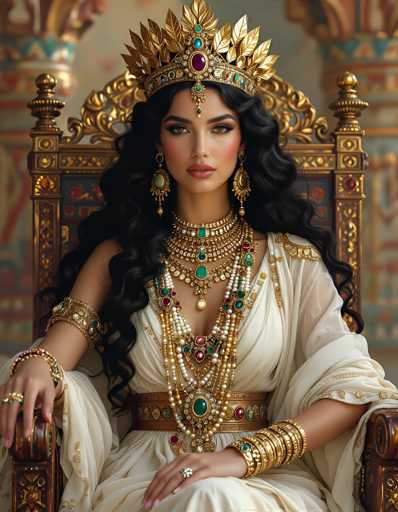 The image depicts a regal woman seated on an ornate, golden throne, exuding an aura of royalty. She is adorned in a flowing white gown with intricate gold embroidery, and her attire is complemented by an elaborate array of jewelry. Her ensemble includes a grand golden belt, multiple necklaces featuring green emeralds and pearls, and numerous bracelets and rings. Her headpiece is a magnificent golden crown embellished with a ruby, green emeralds, and diamonds, with a jewel hanging down her forehead. She has long, wavy black hair and wears striking makeup, including red lipstick and blush. The background is blurred, but hints at a grand, castle-like setting with golden pillars and intricate designs, enhancing the overall majestic atmosphere of the scene.