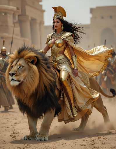 In this captivating image, a majestic lion with a striking black mane and a contrasting brown mane on its head stands proudly on a sandy terrain. The lion's powerful legs are firmly planted on the ground, showcasing its strength and elegance. Atop the lion sits a regal woman adorned in an elaborate gold dress. Her attire features intricate gold breastplates and a grand cape that flows behind her, adding to her majestic appearance. She wears a golden headdress that crowns her head, and her long, flowing black hair cascades down her back. The woman's gold boots complete her opulent ensemble. Surrounding them, a group of men dressed in traditional attire and wearing helmets can be seen, adding a sense of ceremony and grandeur to the scene. The backdrop is a collection of stately white buildings, enhancing the image's historical and cultural ambiance.