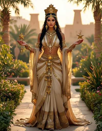 A woman is standing in front of a building with palm trees and flowers behind her. She is wearing a gold and white dress that has a long train and a headpiece on top. The woman also has two stars in her hands.
