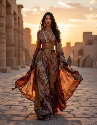 In this captivating image, a woman stands gracefully in the foreground, exuding elegance and poise. She is adorned in a stunning dress that features a unique design: the top part resembles a bikini, while the bottom part is a flowing skirt that drapes elegantly around her legs. The dress is predominantly white, embellished with intricate patterns in shades of orange, red, and brown, adding a vibrant touch to her ensemble. 

Her long, dark hair cascades down her shoulders, framing her face beautifully. She accessorizes with a large, ornate necklace that rests just above her chest, adding a touch of regal flair to her look. The woman's expression is serene and composed, as she gazes directly at the camera.

The setting appears to be a historic site, possibly in Egypt, as suggested by the ancient buildings in the background. These structures are constructed from light brown stone, featuring numerous pillars that hint at their antiquity. The ground beneath her is paved with stone, further enhancing the historical ambiance of the scene. The overall composition of the image captures a moment of timeless beauty, blending the elegance of the woman with the rich history of her surroundings.