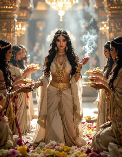 In this AI-generated image, a central figure of a woman stands prominently in the middle of a grand, ornate room. She is adorned in a cream-colored dress with intricate gold trim, and her attire includes a gold belt and a matching shawl draped over her shoulders. Her long, dark hair cascades down to her waist, and she wears a gold headband with a jewel hanging in front of her forehead. Her makeup is striking, with dark eyeshadow and lipstick, and she wears large gold earrings. She holds a plate in her left hand, from which smoke is emanating.

Surrounding her are several women, all dressed in similar cream-colored gowns with gold accents. They are kneeling on the floor, presenting plates of flowers to the central woman. The floor is covered with a vibrant array of flowers in shades of yellow, pink, white, and red. The background of the room is blurred, but it reveals gold pillars and a chandelier hanging from the ceiling, adding to the opulent atmosphere. The overall scene is rich in detail and color, emphasizing the central woman's importance and the ceremonial nature of the gathering.