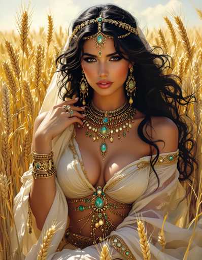 A woman with long dark hair is the central figure in this image. She is adorned in a white dress and gold jewelry that includes a headpiece featuring a large turban. The background of the image shows a field filled with golden wheat, suggesting an outdoor setting or perhaps a desert-like environment.