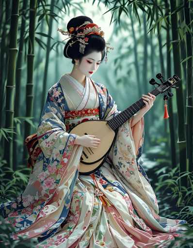 The image depicts a young woman of Asian descent, elegantly dressed in a traditional kimono adorned with intricate floral patterns in shades of blue, pink, and white. Her hair is styled in a bun, embellished with a red and gold hair ornament, and she wears striking red lipstick and eye shadow. She is seated in a serene bamboo forest, surrounded by tall, slender bamboo stalks and lush green leaves, with a soft, misty light filtering through the background. The woman is playing a stringed instrument, possibly a shamisen, characterized by its light brown body and black neck. Her left hand gracefully holds the strings while her right hand strums the instrument. The overall scene exudes a tranquil and enchanting atmosphere, capturing the essence of traditional Japanese culture amidst nature.