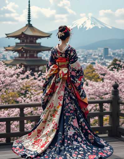 A woman is standing on a wooden platform with her back to the camera, wearing a traditional Japanese kimono that features a floral pattern and red flowers at the bottom. The background shows cherry blossoms in full bloom against a clear blue sky, and a temple can be seen in the distance.