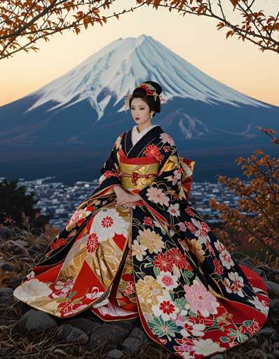 In this captivating image, a woman dressed in a traditional kimono stands gracefully in front of the majestic Mount Fuji. The kimono, adorned with a vibrant array of flowers in shades of red, pink, white, and yellow, features a striking black background with intricate gold accents. Her hair is elegantly styled in a bun, complemented by a red hair tie and delicate earrings. The woman's serene expression and poised demeanor add to the overall beauty of the scene. The background reveals a picturesque view of a town nestled at the base of Mount Fuji, with the iconic snow-capped mountain rising majestically behind her. The sky above is a soft, light yellow, suggesting the tranquil moments of either sunrise or sunset, enhancing the ethereal quality of the image.
