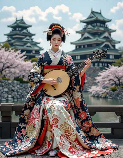 A captivating photograph showcases a serene Japanese landscape under a clear blue sky adorned with fluffy white clouds. In the background, two majestic pagodas rise, their dark blue walls and green roofs creating a striking contrast. The pagoda on the left features a distinctive green roof with a pointed top, while the one on the right boasts a more elaborate design with multiple layers and pointed corners. Surrounding the pagodas, lush green trees and vibrant pink cherry blossoms add a touch of natural beauty to the scene.

In the foreground, a tranquil body of water reflects the picturesque surroundings. A concrete walkway with a railing runs along the water's edge, where a woman is seated. She is dressed in a traditional blue kimono adorned with intricate floral patterns in shades of pink, red, and yellow. The kimono features a red sash around her waist and a white collar. Her hair is elegantly styled in a bun, decorated with a red and gold hair tie, and she wears long, dangling earrings. Her eyes are closed, and her lips are painted a vivid red, giving her a serene and contemplative expression. She holds a stringed instrument, possibly a shamisen, with a round body and a long neck, poised to play. The scene is a harmonious blend of natural beauty and cultural elegance, capturing a moment of peaceful reflection.