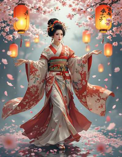 The image depicts a highly detailed, computer-generated or AI-generated artwork of a young Asian woman, possibly Japanese or Chinese, dressed in traditional attire. She stands gracefully on a reflective surface, surrounded by a cascade of pink cherry blossom petals that float around her and scatter on the ground. Her black hair is elegantly styled in a bun adorned with a red ribbon and a headpiece featuring a flower and stick arrangement. She wears a white kimono with a red floral pattern, a red sash, and a green belt. Her arms are outstretched, and she looks slightly to the right, her face adorned with red lipstick and long earrings. Above her, a branch of cherry blossoms extends, accompanied by two large, glowing orange lanterns with black Chinese characters. In the background, a row of similar lanterns is visible, adding to the serene and traditional ambiance of the scene.
