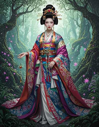 A woman wearing traditional Chinese clothing stands in a lush forest, holding a gold and red parasol with her left hand while her right hand is raised in the air.