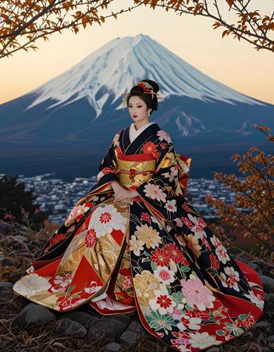 A woman dressed in traditional Japanese attire is seated on a rock with her back to the camera, wearing a black and gold kimono adorned with pink and white flowers. The backdrop features a majestic snow-capped mountain under a clear blue sky.