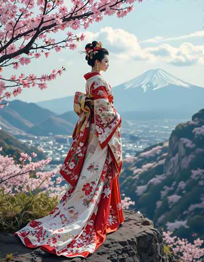 A captivating image portrays a woman in traditional Japanese attire, standing gracefully on a rocky outcrop. She is adorned in a long, flowing kimono that features a striking red and white floral pattern. The kimono's wide sleeves are elegantly draped, and a large bow is tied at her back. Her hair is styled in a traditional topknot, embellished with a red and gold hairpiece, and she wears long, dangling earrings. The woman gazes to the right, her profile partially visible.

Surrounding her, the landscape is a picturesque blend of natural elements. To her left, a tree branch adorned with delicate pink flowers extends into the frame. Below her, the ground is covered in lush green grass, interspersed with more pink blossoms. In the background, a majestic mountain range stretches across the horizon, with the iconic Mount Fuji standing tall and prominent. The sky above is a serene blue, dotted with fluffy white clouds, completing this enchanting scene.