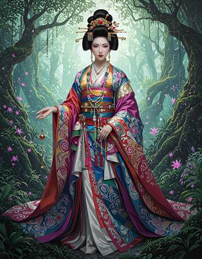 The image depicts a highly detailed, possibly AI-generated or hand-drawn, painting of a young Asian woman, likely Japanese, standing in a lush, mystical forest. She is adorned in an elaborate kimono that features a vibrant palette of red, blue, green, purple, and gold, with intricate floral and swirling patterns. The kimono's sleeves are long and flowing, and beneath it, she wears a white undergarment. Her hair is styled in an ornate updo, decorated with a golden headpiece that includes a red circular ornament and various sticks. She wears long, dangling earrings and multiple strands of beads around her neck, adding to her regal appearance. In her right hand, she holds a small bell-like object with a chain. The background is a dense forest with moss-covered trees, some of which have pink flowers and vines hanging down. The scene is illuminated by a light source behind her, casting a soft glow that enhances the ethereal atmosphere of the painting.