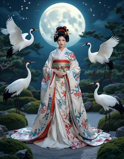 In this captivating image, a woman stands gracefully in a traditional kimono adorned with intricate floral patterns in shades of red, blue, and green. Her black hair is elegantly styled in a bun, accentuated by a red ribbon and a silver bar. She wears long, dangling earrings that add to her refined appearance. The kimono features a red and green sash around her waist, and its wide sleeves cascade to the floor, creating a dramatic effect. The woman's hands are clasped in front of her, and she gazes directly at the camera with a serene expression.

Surrounding her are four cranes, two on each side, with their wings outstretched as if in mid-flight. The cranes are predominantly white with black wingtips and black heads, adding a sense of movement and grace to the scene. The woman stands on a gray surface, which contrasts with the lush green grass and moss-covered rocks that form the background. Behind her, a large, luminous moon casts a soft glow, illuminating the dark blue sky dotted with twinkling stars. The overall composition exudes a sense of tranquility and cultural richness, capturing a moment of timeless beauty.