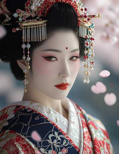 The image depicts a highly detailed, possibly AI-generated or hand-drawn, portrait of a young Asian woman, likely Japanese or Chinese, adorned in traditional attire. She has pale skin and wears striking red lipstick, with her makeup accentuated by red eyeshadow and a distinctive red dot on her forehead. Her black hair is styled in an elaborate updo, adorned with intricate gold and silver jewelry, including a red headband and tassels. She is dressed in a traditional kimono or robe, featuring a mix of red, white, and blue with gold floral patterns. The background is blurred, with pink and blue hues, and pink petals floating around her, adding to the ethereal quality of the image.