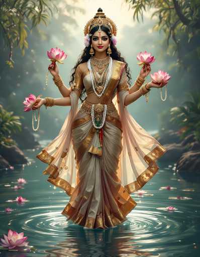 A serene, digitally-generated image of Lakshmi, the Hindu goddess of wealth and prosperity, standing in a tranquil water setting. She is depicted as a beautiful, four-armed deity adorned in traditional Indian attire, with intricate gold and white detailing. Her skin is a warm tone, and her long, dark hair cascades around her shoulders. She wears elaborate jewelry including necklaces, armbands, and a crown adorned with precious gems. Each of her four hands holds a lotus flower, symbolizing purity and prosperity, while the fourth hand is positioned in a gesture of blessing. The background features lush greenery, including tropical plants and water lilies floating on the surface, with a soft, ethereal light illuminating the scene. The overall mood is one of peace, abundance, and divine grace.