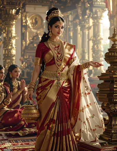 The image depicts a regal scene set in a grand, ornate palace adorned with gold columns and intricate decorations. At the center stands a woman of Indian descent, exuding elegance and power. She is dressed in a stunning red and gold sari, intricately detailed with gold trim and a white overlay adorned with red flowers. Her attire is complemented by an elaborate gold belt featuring a prominent red gem, and she wears multiple gold necklaces, bracelets, and bangles that glint in the light. Her long black hair is styled in a ponytail, and she wears a golden crown with a red jewel hanging between her eyebrows, known as a bindi. She holds a golden pot in her right hand and extends her left hand towards a golden statue, possibly a fountain, adding to the opulence of the scene. Behind her, two women are seated on a richly patterned red and gold carpet, clapping their hands in admiration. The overall ambiance is one of grandeur and cultural richness, capturing a moment of ceremonial importance.
