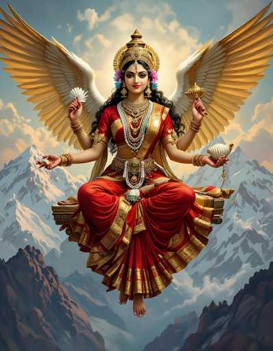 The image depicts a detailed, AI-generated painting of a Hindu goddess, likely Lakshmi, floating gracefully in the sky. She is adorned in a vibrant red and gold sari, with an elaborate headdress that resembles a crown. Her long, curly black hair cascades down her shoulders, and she wears an abundance of gold and silver jewelry, including multiple necklaces, bracelets, and earrings. Her arms are outstretched, each hand holding different objects: a white fan, a golden crown, a white pot, and a white vase. She is barefoot, with her legs crossed in a meditative pose. Behind her, majestic snow-capped mountains rise against a backdrop of a blue sky dotted with clouds. The overall scene exudes a sense of divine serenity and cosmic beauty.
