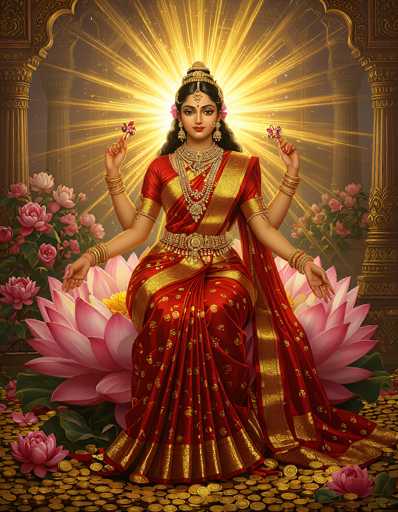 The image depicts a detailed, AI-generated portrayal of a Hindu goddess, possibly Lakshmi, seated on a large pink water lily amidst a bed of smaller pink flowers. The goddess is adorned in a luxurious red sari with intricate gold embroidery and a matching gold belt. Her attire is complemented by a long, flowing red cape with gold trim. She wears multiple pieces of jewelry, including a large, ornate golden crown with a jewel hanging between her eyes, numerous necklaces, bracelets, and bangles on each of her eight arms. Each hand holds a small pink flower, and she has a red bindi on her forehead. The background features golden columns and a radiant sunburst behind her head, enhancing the divine aura of the scene. The floor beneath her is covered in gold coins, adding to the opulence of the setting.