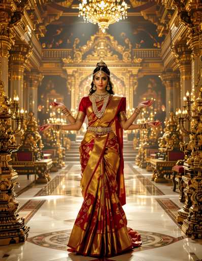 A woman dressed in traditional Indian attire stands in a grand room with gold accents and chandeliers hanging from the ceiling. She is wearing a red and gold sari that flows down to her feet, and a gold headpiece adorns her hair. The woman holds two flowers in her hands, one of which she places on her lapel.