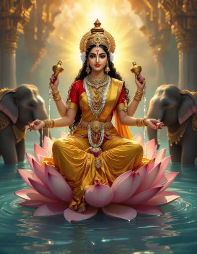 The image depicts a detailed and vibrant AI-generated illustration of a Hindu goddess, likely representing Lakshmi, seated cross-legged on a large pink lotus flower floating in water. The goddess has eight arms, adorned with numerous gold bangles, and she holds two golden lotus-shaped vessels in her uppermost hands. She is dressed in a flowing yellow sari with a red top, and her attire is complemented by an elaborate gold headdress and a prominent red bindi on her forehead. Her long, curly black hair cascades down her back, and she wears multiple strands of gold and white necklaces, along with a large gold belt. The background features a radiant sun with golden rays, flanked by two gray elephants on either side, each adorned with gold embellishments. The scene is set against a backdrop of ornate golden arches and columns, enhancing the divine and majestic atmosphere of the illustration.