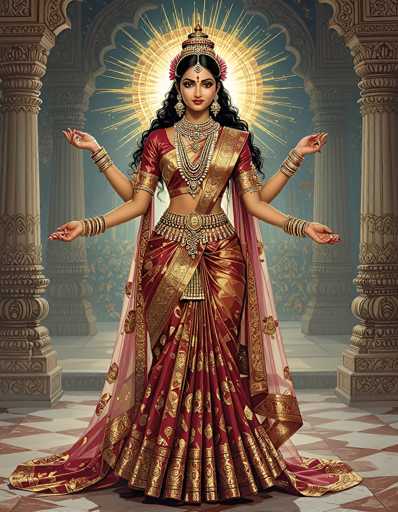 The image depicts a detailed, AI-generated portrayal of a Hindu goddess, likely Lakshmi, standing in a grand, ornate palace. The deity is adorned in a luxurious red and gold sari, complemented by an elaborate array of jewelry including multiple necklaces, bracelets, earrings, and a prominent red bindi on her forehead. Her long, wavy black hair cascades down her back, and she wears an ornate crown. The goddess has four arms, each adorned with numerous bangles, and her palms are open with fingers slightly curled, as if in a gesture of blessing. Behind her, a radiant sunburst or halo adds to her divine aura. The setting features tall, intricately carved stone columns and a floor patterned with red and white tiles, enhancing the majestic atmosphere of the scene.