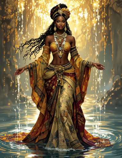 The image depicts a striking African-American woman standing in a serene, mystical forest setting. She is adorned in an elaborate, traditional African dress that features a vibrant mix of gold, red, and blue hues. The dress includes a gold bra top and a flowing skirt with intricate patterns, complemented by a large, ornate belt around her waist. Her long, black hair is styled in a bun with a gold headband, and she wears large, dangling gold earrings. Multiple gold necklaces, including one with a prominent pendant, adorn her neck. She stands with her arms outstretched, palms facing down, as if in a moment of reverence or dance. The background is a magical forest with golden light filtering through the trees, creating a shimmering effect. Water cascades from the trees around her, forming a small pool at her feet, adding to the enchanting atmosphere. The overall scene evokes a sense of ancient tradition and natural beauty.